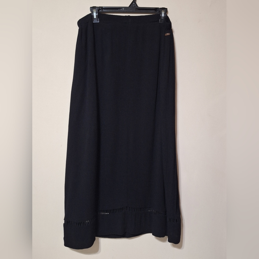 Roots Canada Black Rayon Maxi Skirt L Quiet Luxury Boho Festival Long Eyelet Hem - Picture 10 of 12